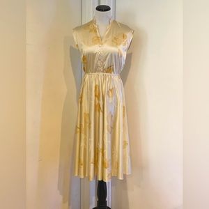 Vintage Cream Floral A-Line Sleeveless Shirt Dress, Size Small